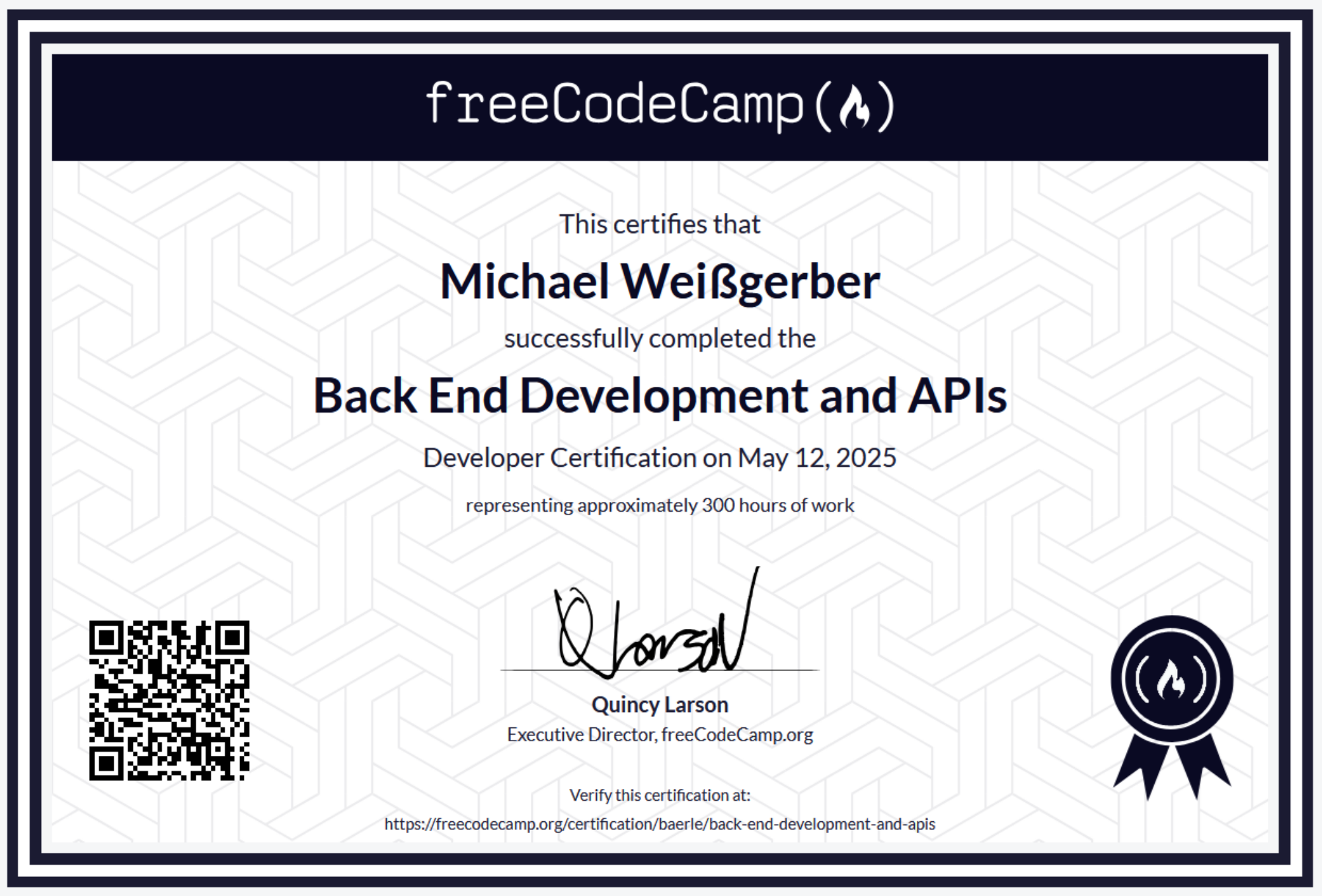Back End Development and APIs Zertifikat